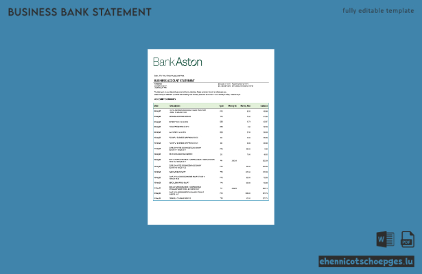 Beispiel eines Kontoauszugs eines Geschäftsgirokontos der Bank of Aston (Vereinigtes Königreich) als Word- und PDF-Datei (Vorschau)